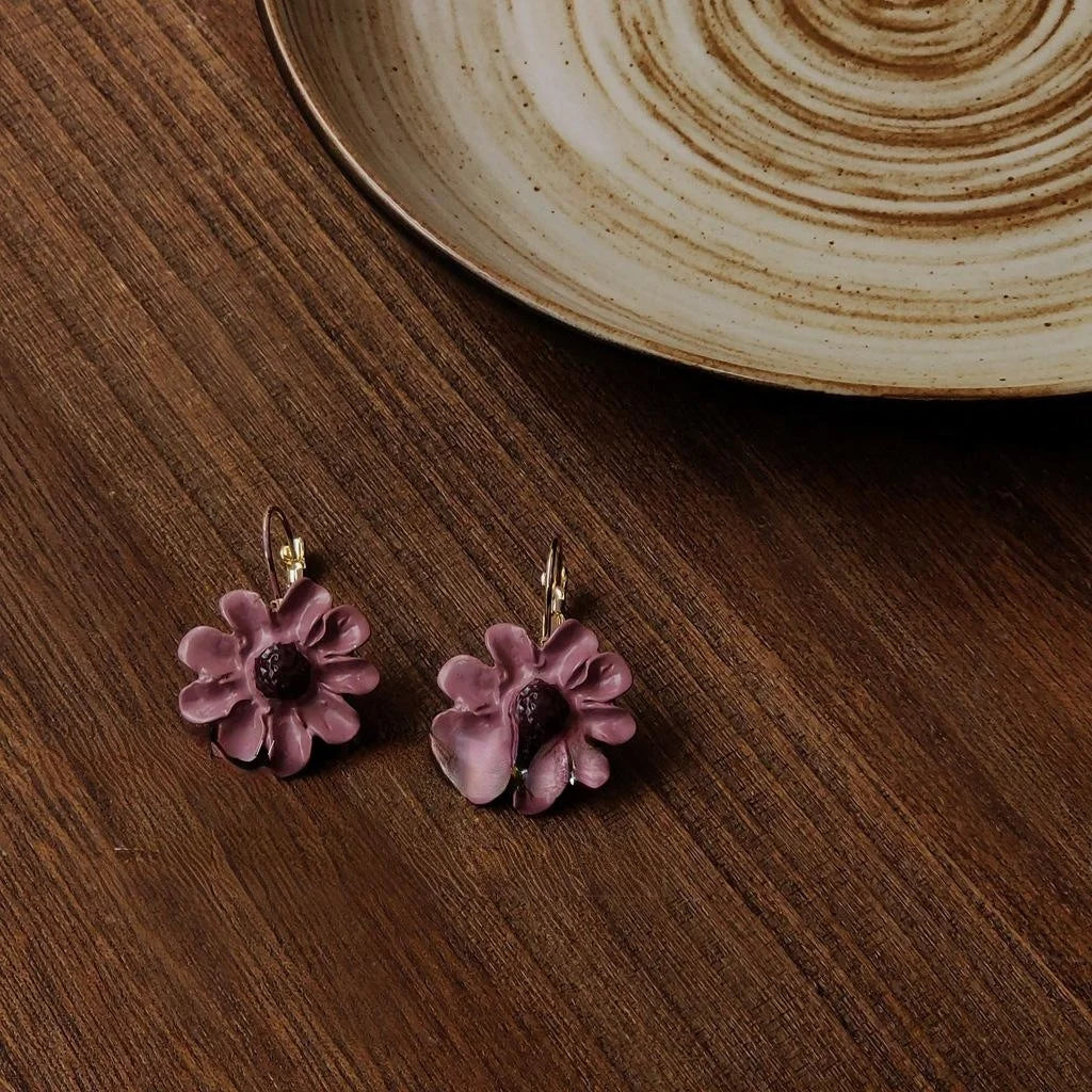 Korean French Style Purple Daisy Flower Metal Drop Earrings For Women Sweet Floral Jewelry