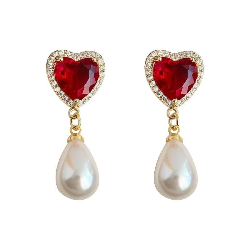French Vintage Copper Drop Earrings Micro Pave Zircon Burgundy Heart Teardrop Pearl