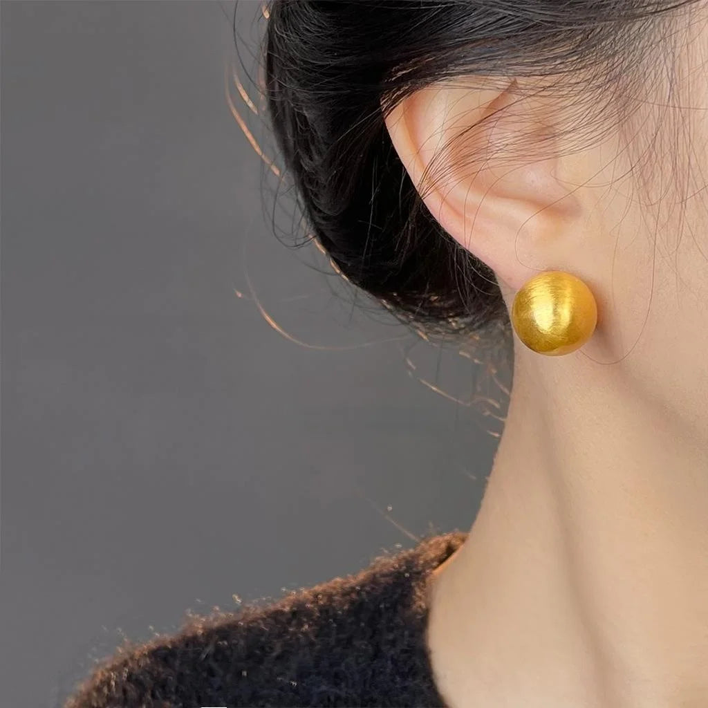 14K Gold Plated Copper Stud Earrings Brushed Matte Round Ball Minimalist Geometric Jewelry