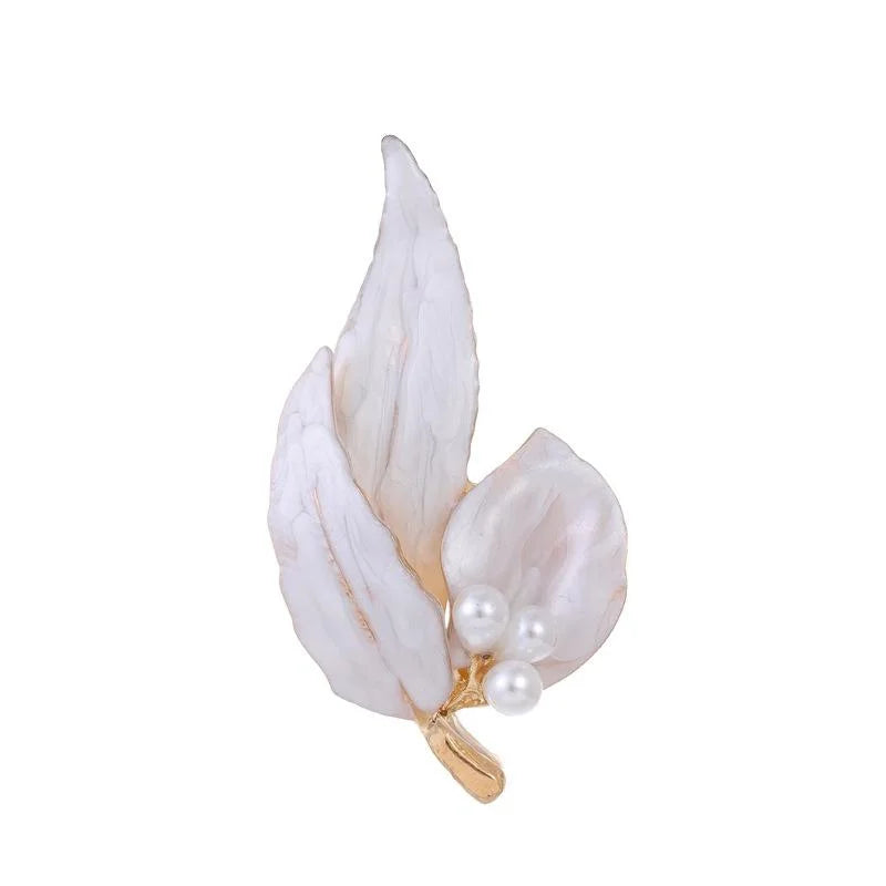 Elegant Enamel Green Leaf And Pearl Brooch, Botanical Corsage Lapel Pin For Dresses And Suit Accessory