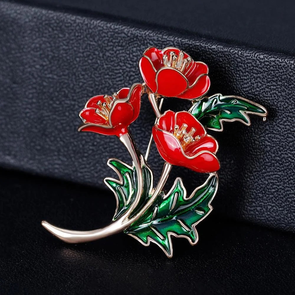 Elegant Red Enamel Poppy Flower Brooch With Rhinestone Gold Alloy Lapel Pin Corsage Suit Accessory Gift