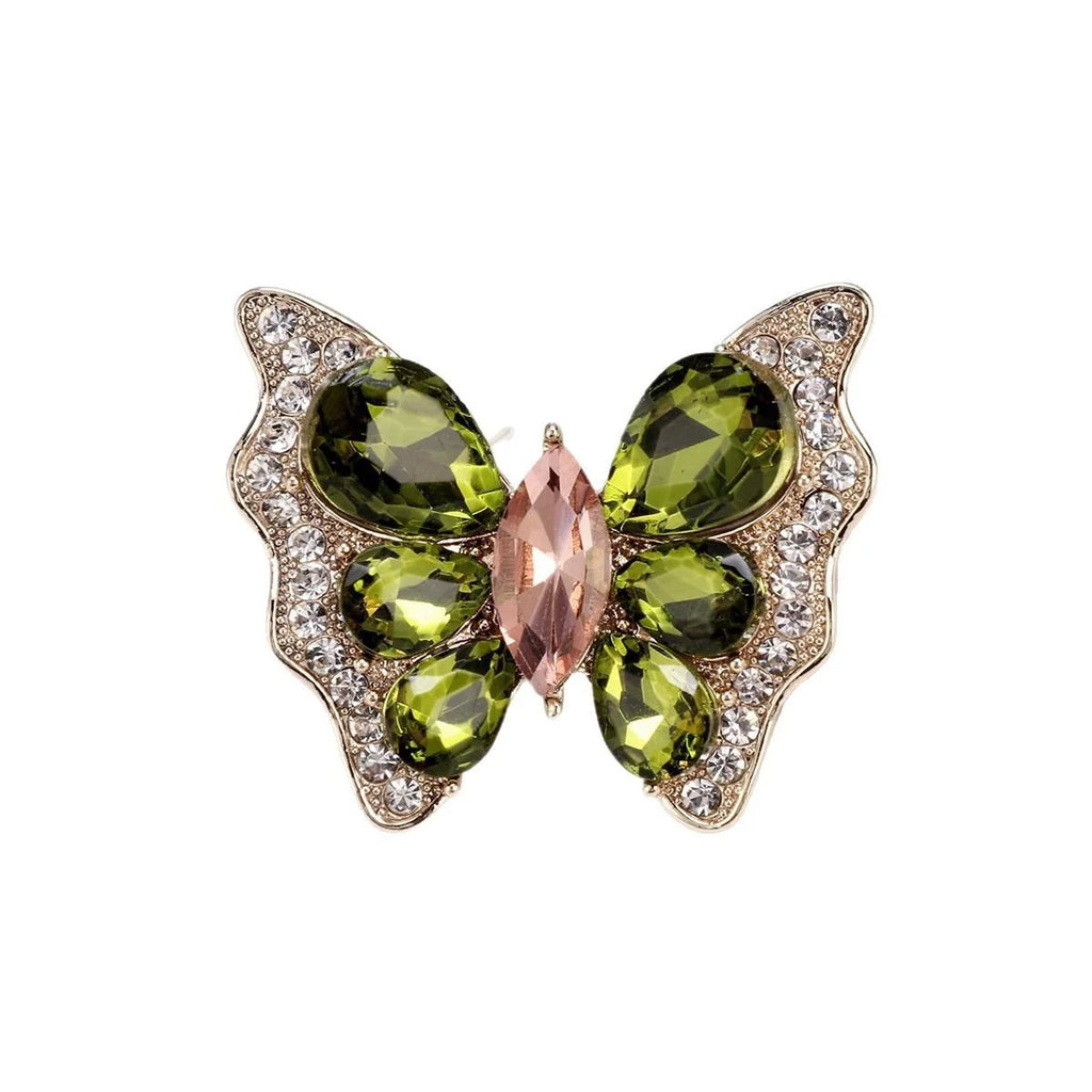 Luxury Glass Butterfly Brooch With Green Rhinestone Wings, Elegant Alloy Lapel Pin Corsage For Women Suit Gift