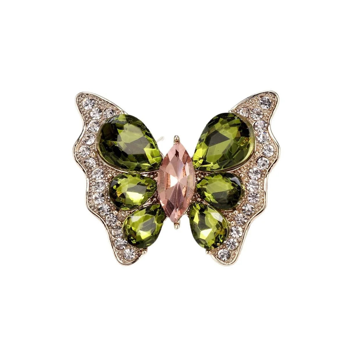 Luxury Glass Butterfly Brooch With Green Rhinestone Wings, Elegant Alloy Lapel Pin Corsage For Women Suit Gift