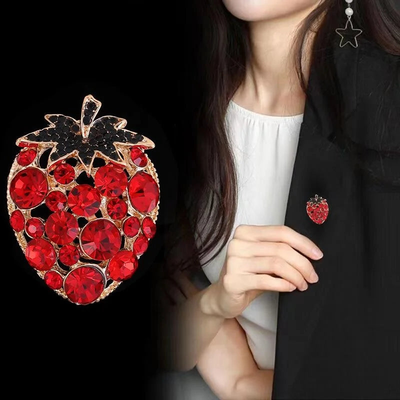 Cute Strawberry Rhinestone Enamel Alloy Brooch, Fresh Fruit Lapel Pin Corsage For Fashion Gifts