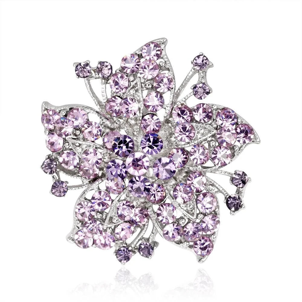 Elegant Purple Rhinestone Crystal Flower Brooch Pin, Silver Alloy Lapel Corsage For Wedding Suit Gift