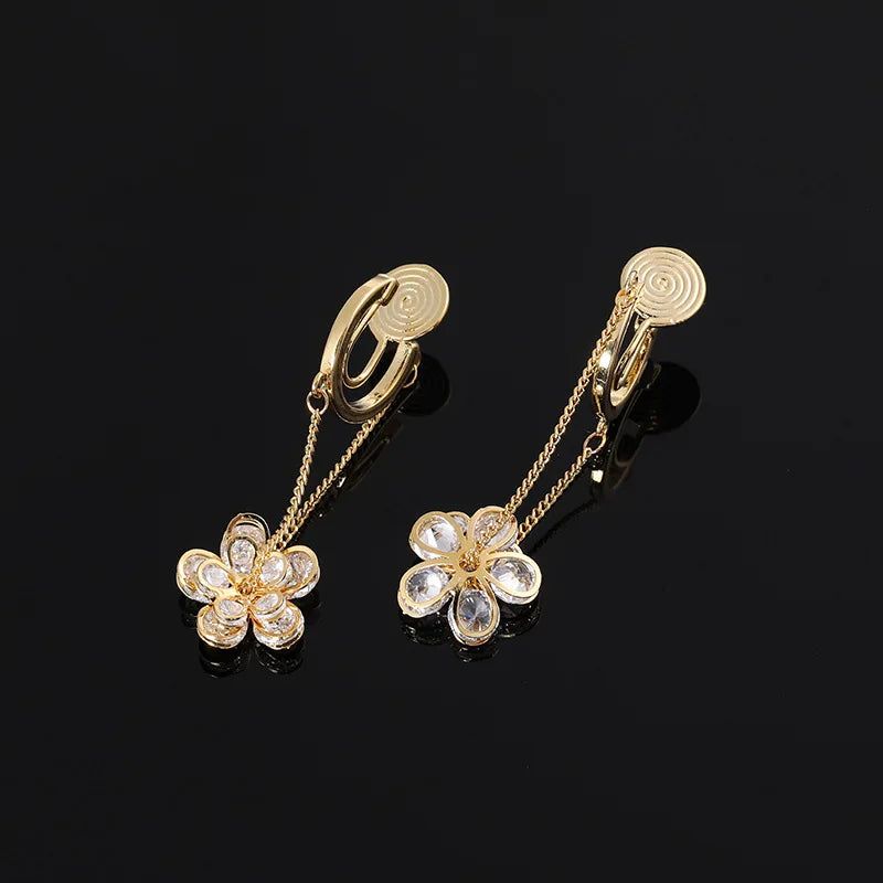 Elegant Zircon Crystal Flower Chain Tassel Hoop Stud & Clip On No Piercing Gold Alloy Drop Earrings