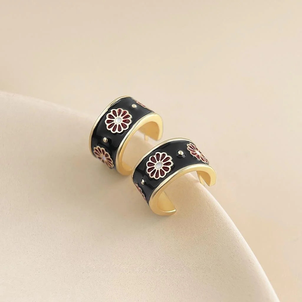 Vintage Japanese Style Copper Daisy Semi Circle Enamel Stud Earrings For Women