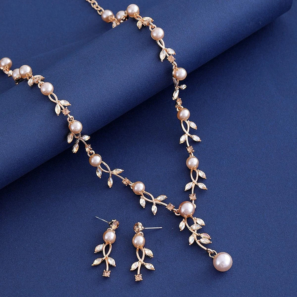 Elegant Pearl Leaf Necklace And Earrings Jewelry Set With Rhinestone Crystal Bridal Jewelry For Wedding Party