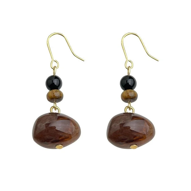 Vintage Chinese Style Dark Brown Tiger Eye Stone Geometric Round Oval Handmade Drop Earrings