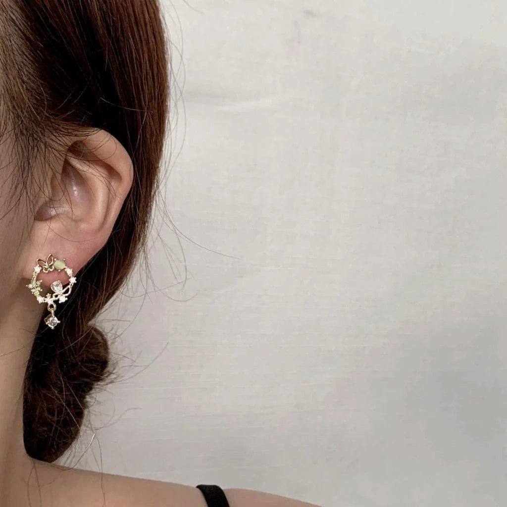 14K Gold Plated Copper Zircon Flower Butterfly Stud Earrings Korean Fairy Forest Style