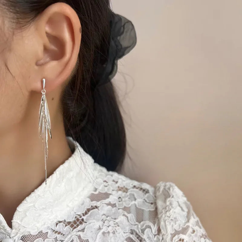 Elegant Silver Alloy Wing Feather Tassel Threader Stud & Clip On No Piercing Long Face Slimming Earrings