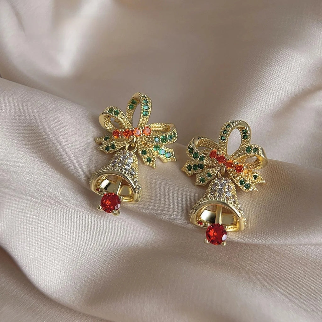 14K Gold Plated Copper Micro Pave Zircon Bow Christmas Bell Drop Earrings