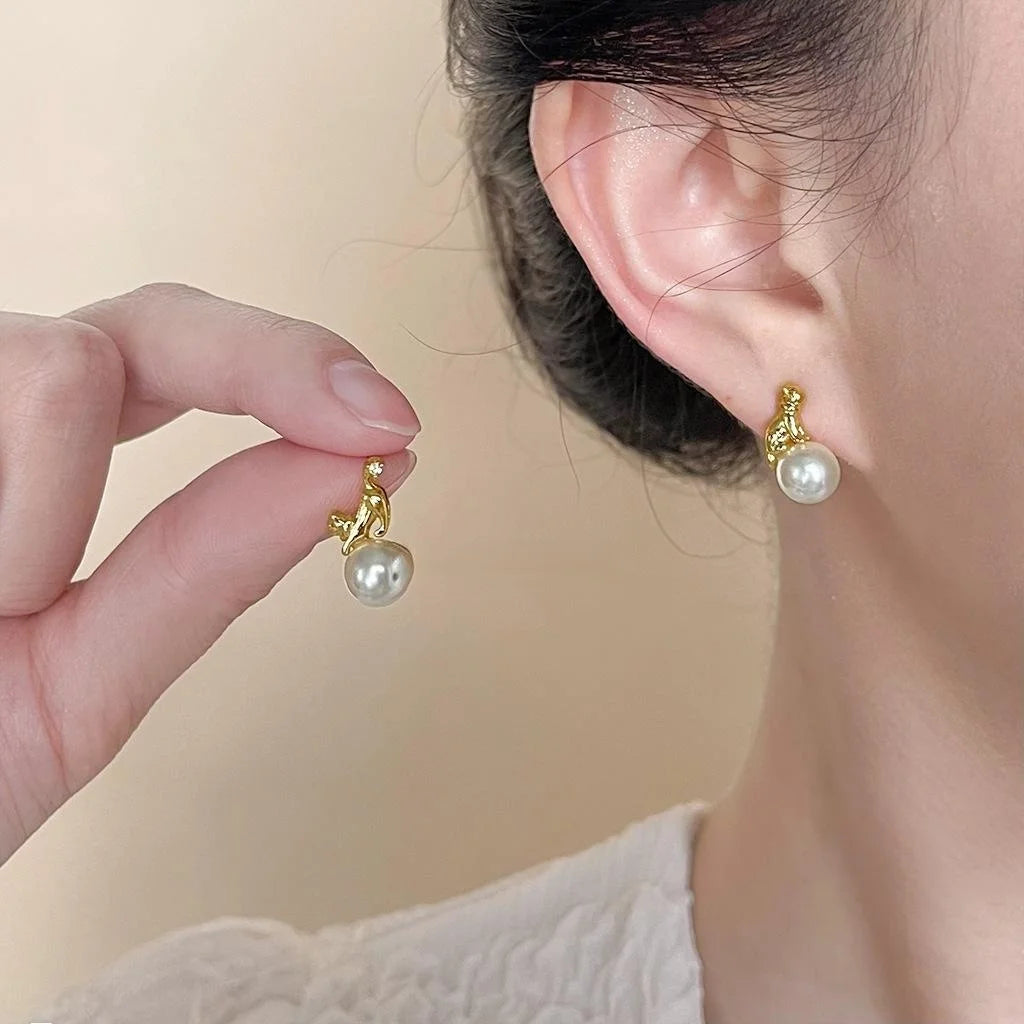14K Gold Plated Copper Pearl Asymmetric Cat Stud Earrings For Women Instagram Style Animal Jewelry