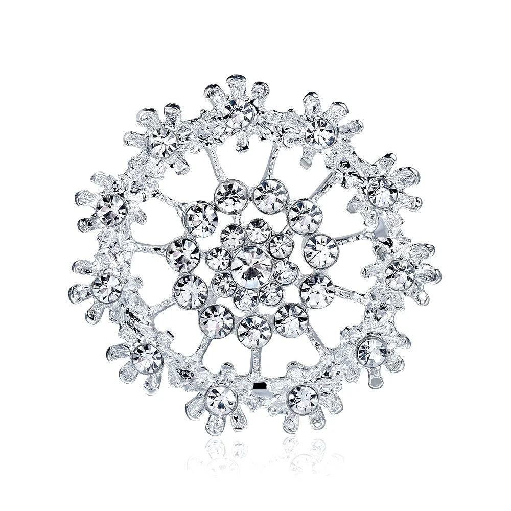 Elegant Silver Plated Rhinestone Flower Brooch For Women, Sparkling Lapel Pin Corsage Suit Accessory