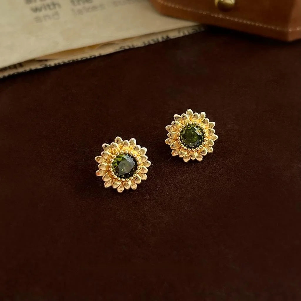 Olive Green Zircon Daisy Sunflower Stud Earrings Silver Plated Copper Floral Jewelry