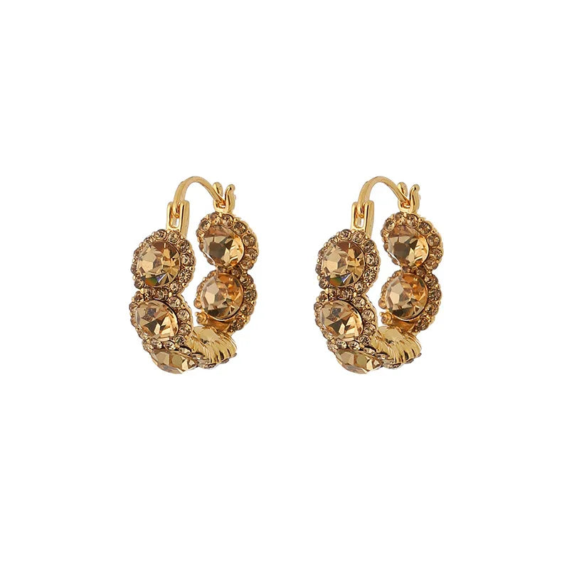 Luxury Coffee Crystal Rhinestone Cluster Hoop Stud & Clip On No Piercing Ear Cuff Earrings