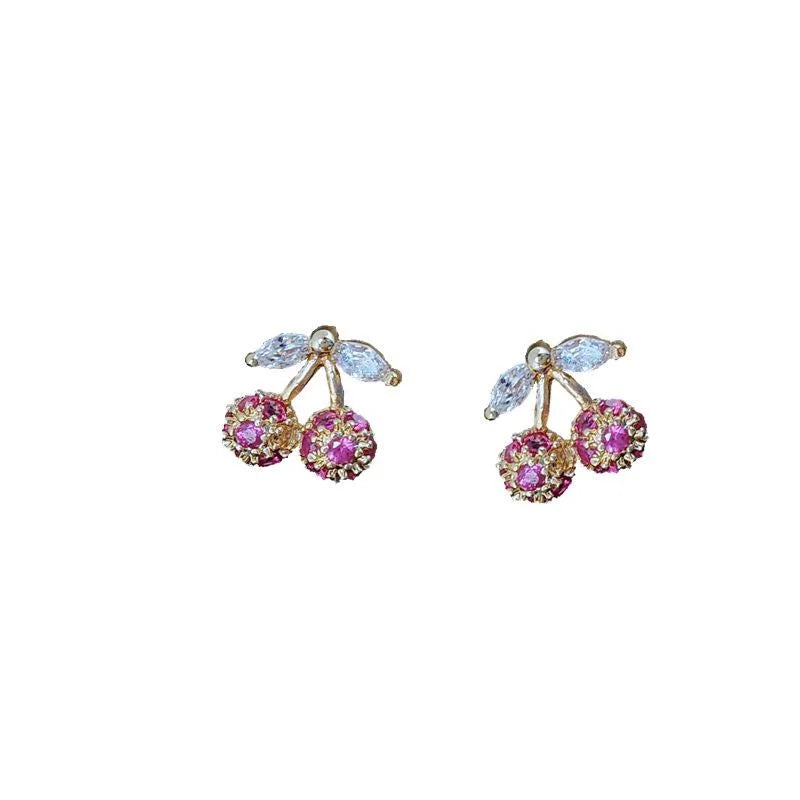 14K Silver Plated Zircon Cherry Fruit Stud Earrings For Women Simple Mini Micro Pave Jewelry