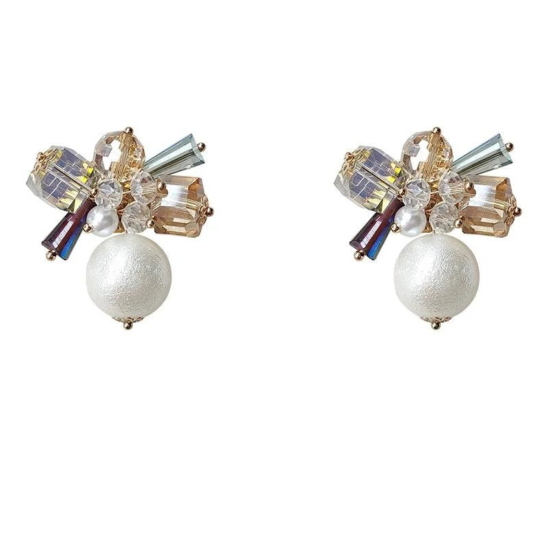 French Vintage Floral Pearl Crystal Stud Earrings, Handmade Silver-Plated Statement Jewelry