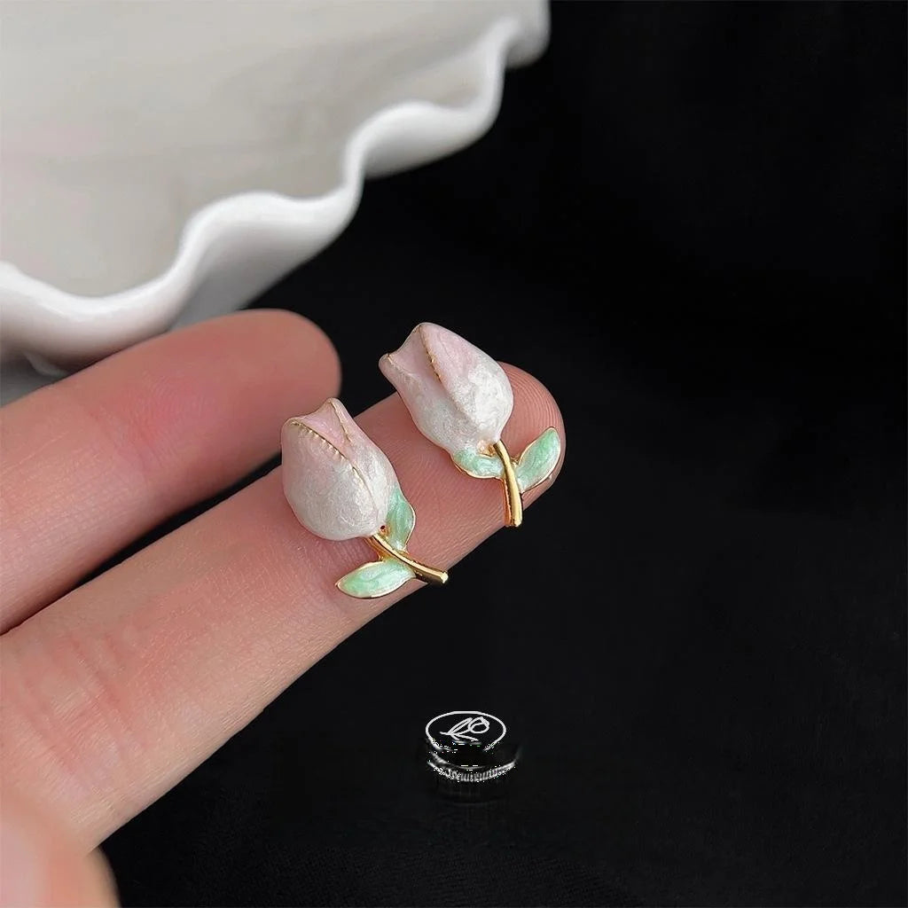 Sweet Gradient Pink Tulip Stud Earrings Alloy Floral Korean Style Cute Flower Jewelry for Women