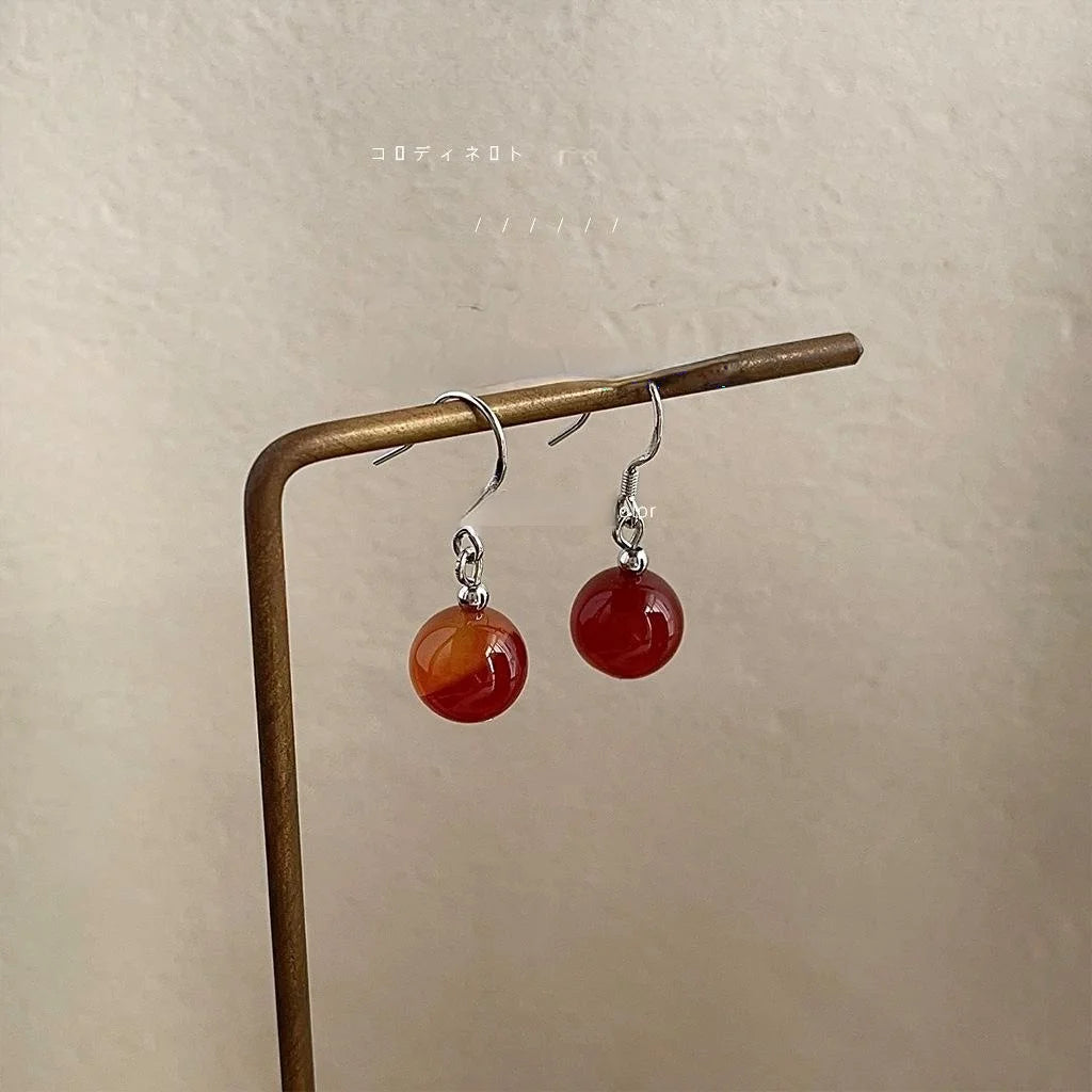 Red Agate Geometric Round Drop Earrings Vintage Palace Style Silver Plated Handmade Jewelry