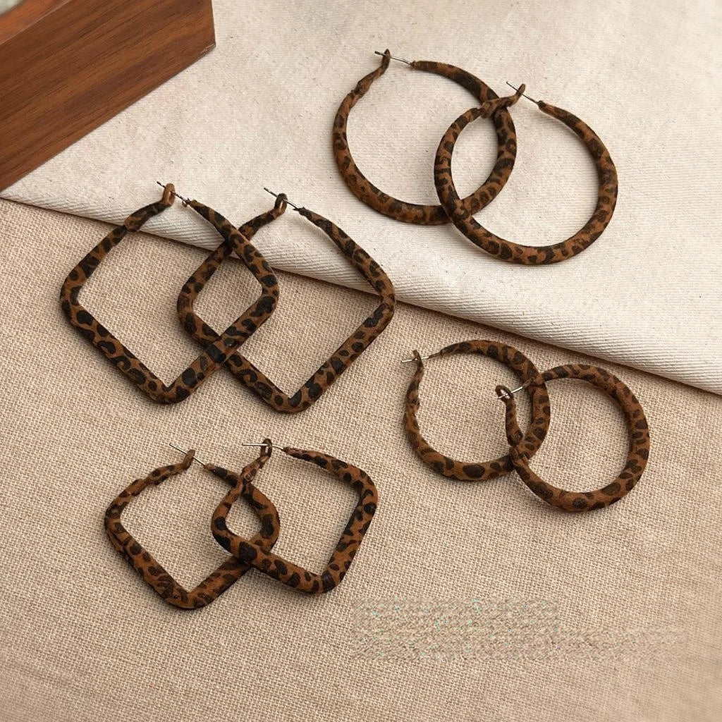 Leopard Print Flocked Geometric Drop Earrings Round Square Statement Jewelry