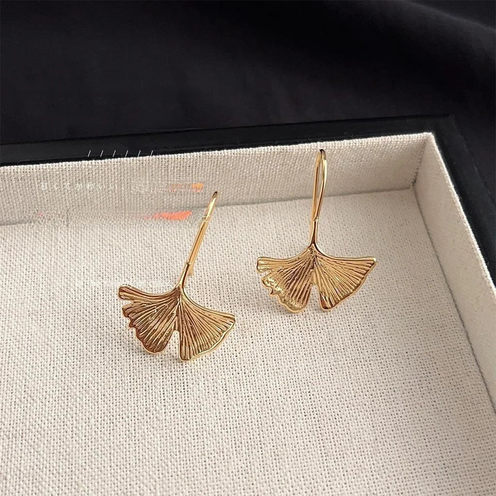 Artistic Light Luxury 14K Gold Plated Copper Ginkgo Leaf Drop Earrings For Women