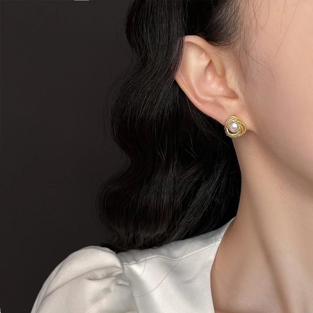 14K Plated Copper Geometric Pearl Stud Earrings For Women Minimalist Round Ring Office Jewelry