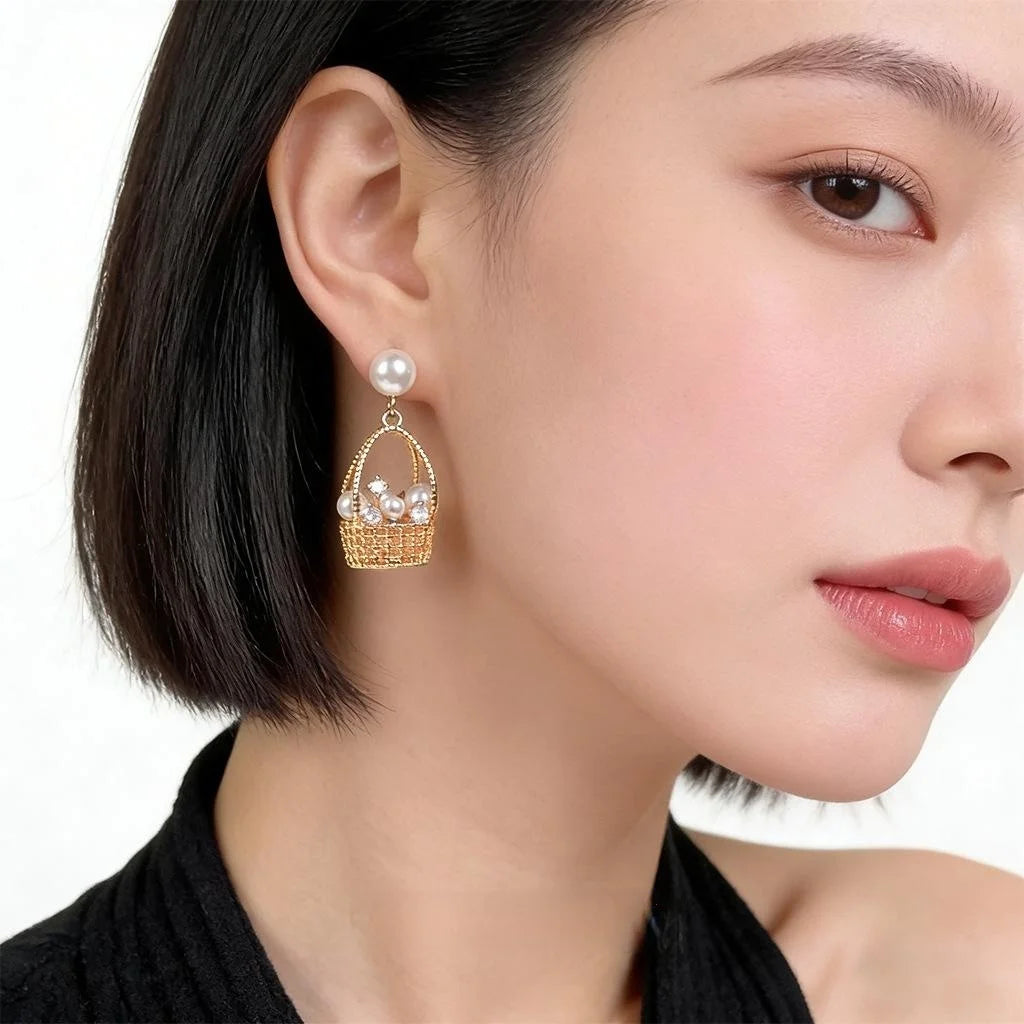 Pastoral Flower Basket Drop Earrings With Pearl Zircon Micro Pave Copper