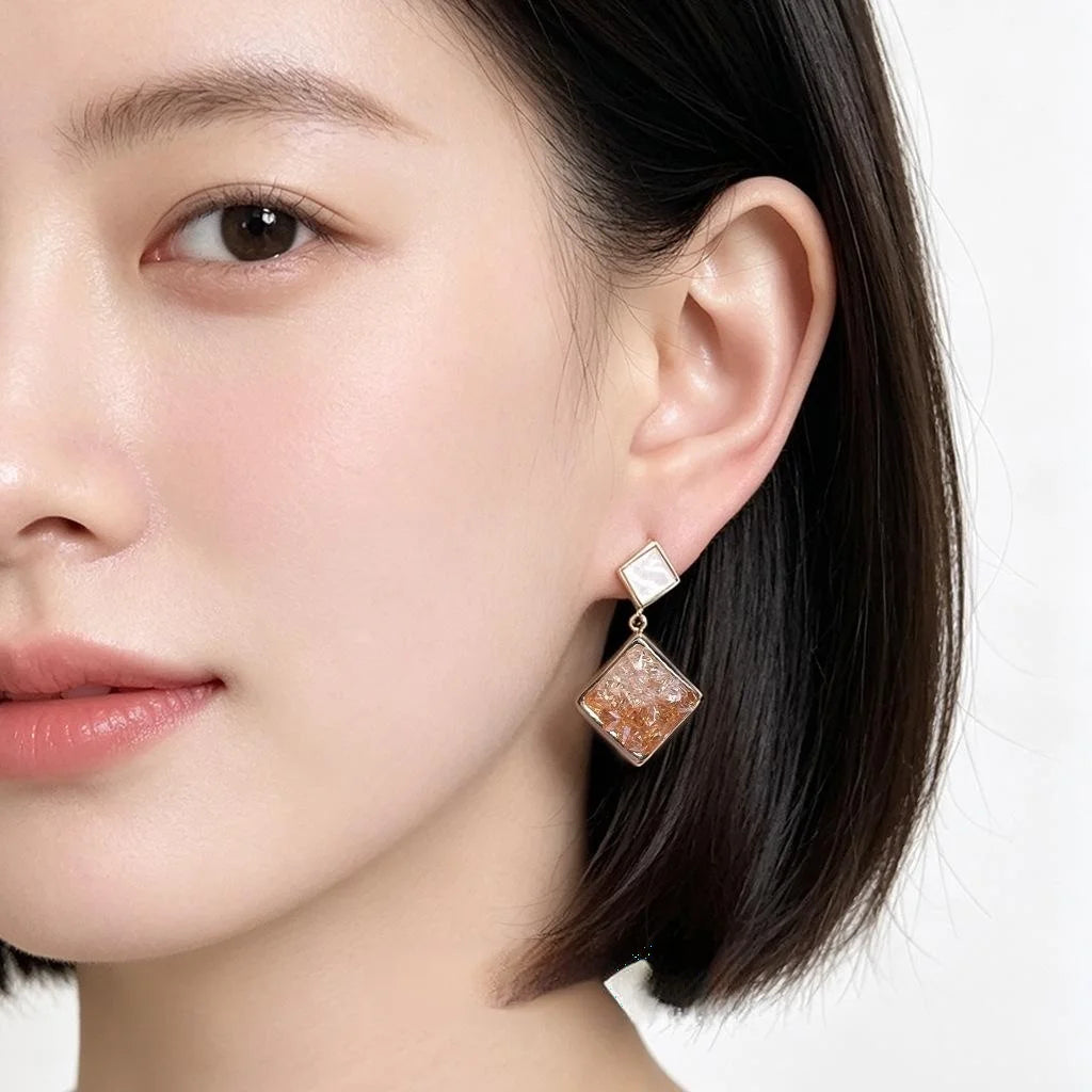 Gradient Orange Sea Glass Crystal Stud Earrings Eco-Friendly Copper Square Geometric Vacation Style