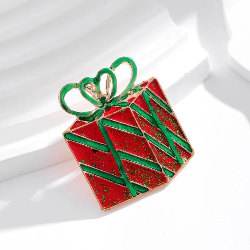 Cute Christmas Gift Box Enamel Alloy Brooch, Hand Painted Holiday Corsage Lapel Pin Suit Accessory Gift
