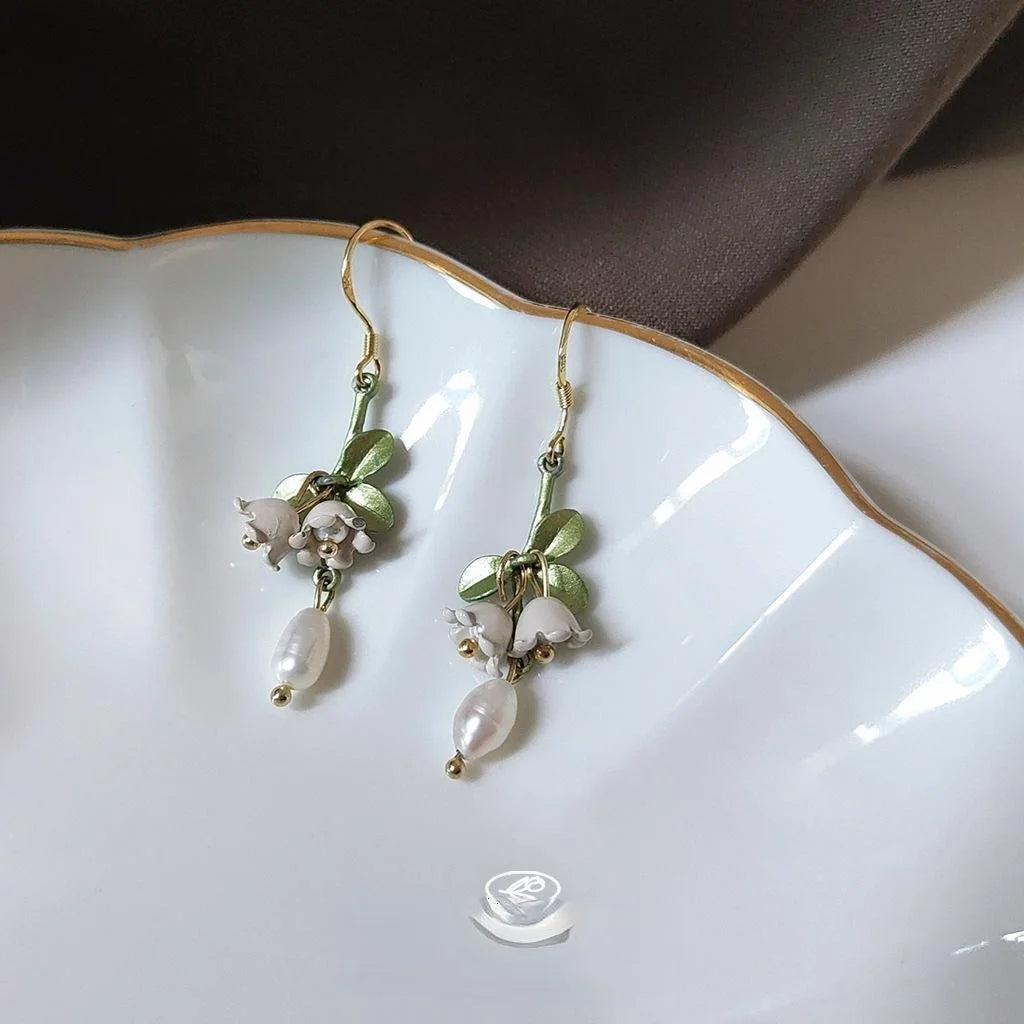 Handmade Lily Of The Valley Freshwater Pearl Green Enamel Tassel Drop Earrings