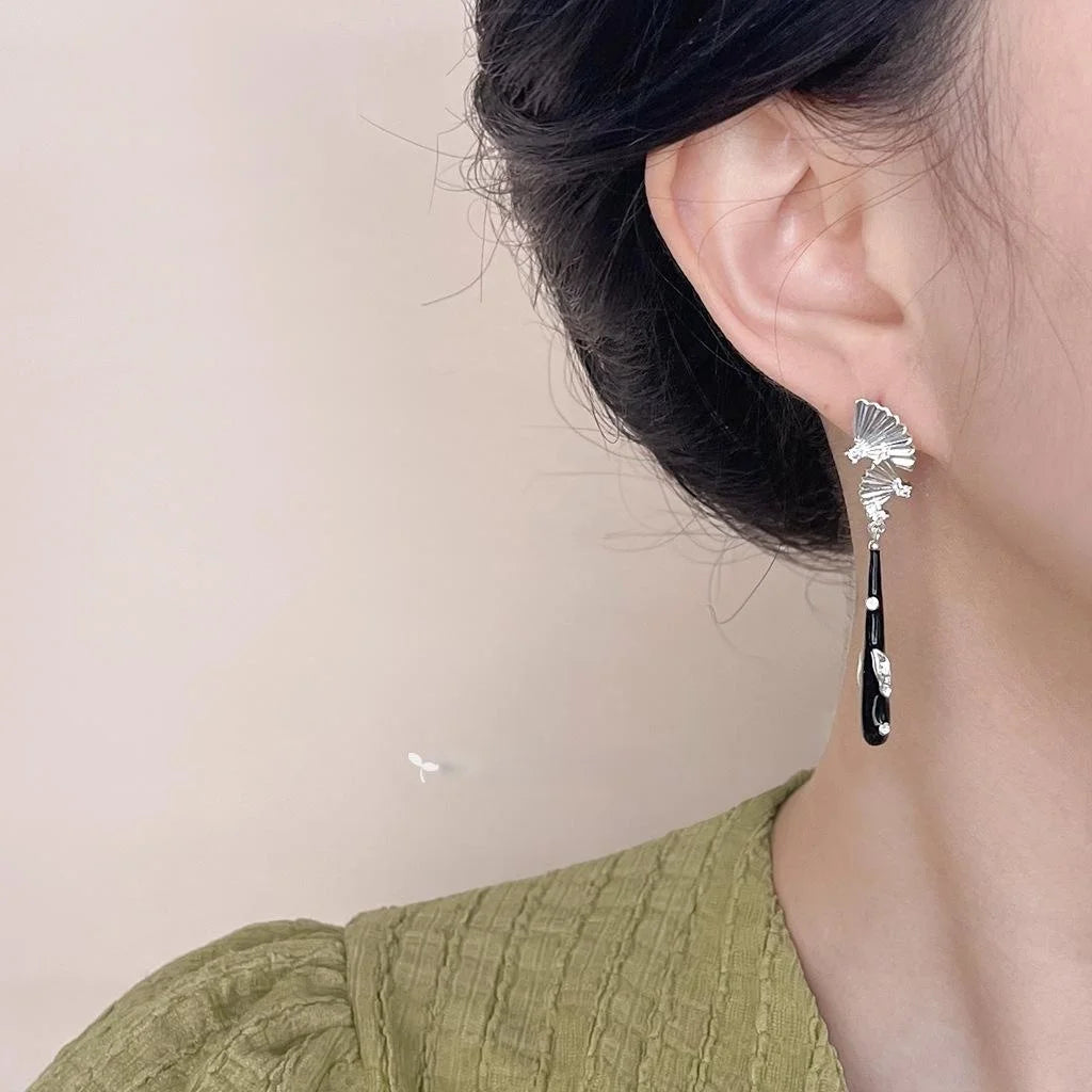 2025 New Chinese Style Copper Fan Drop Earrings Long Geometric Sweet Cool Fashion Jewelry