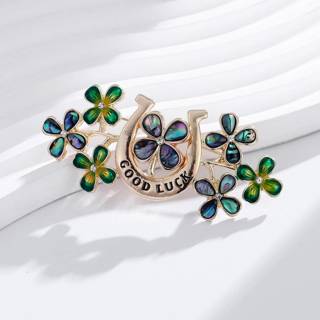 Elegant Alloy Four Leaf Clover Horseshoe Brooch With Enamel Rhinestone Flowers, Women's Lapel Pin Gift