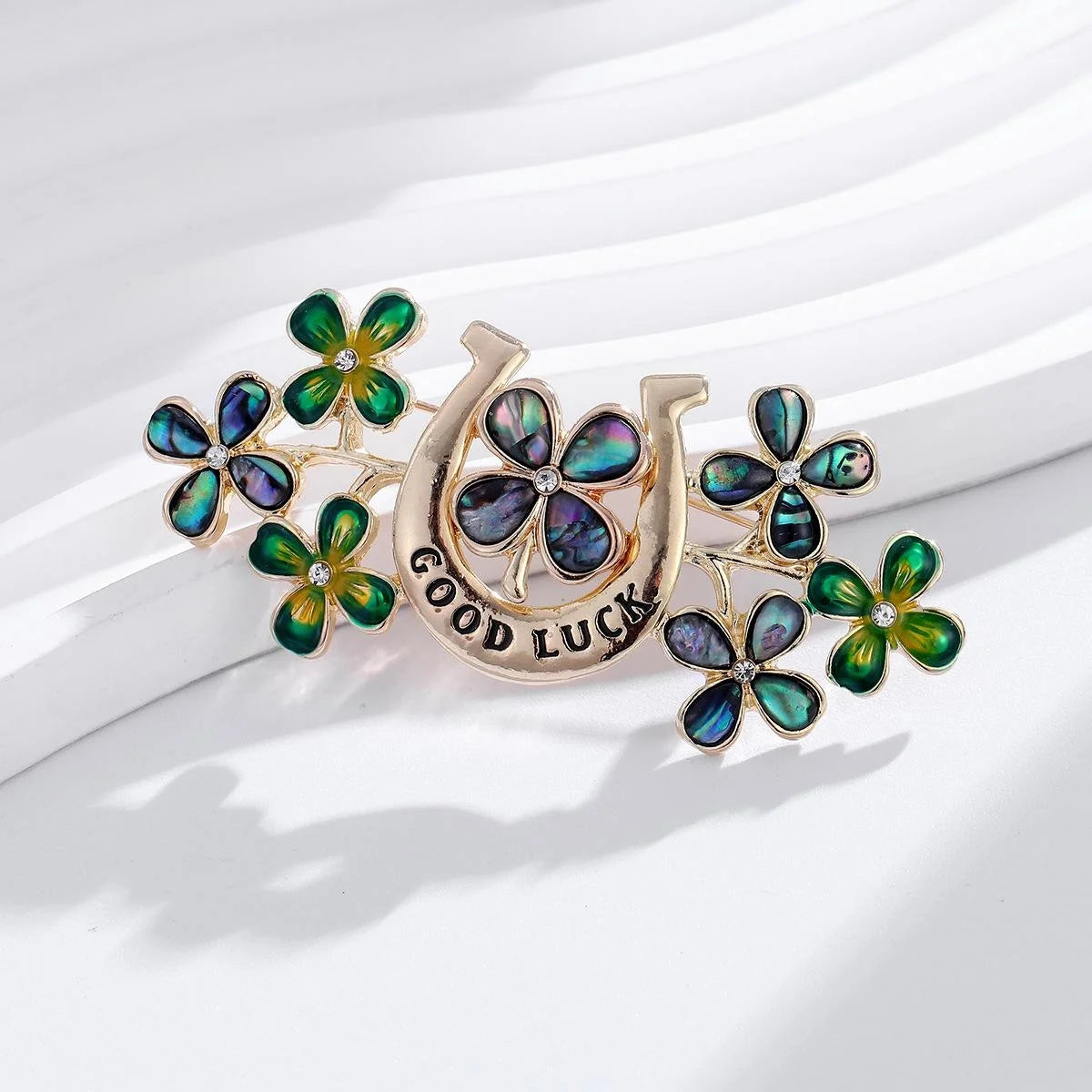 Elegant Alloy Four Leaf Clover Horseshoe Brooch With Enamel Rhinestone Flowers, Women's Lapel Pin Gift