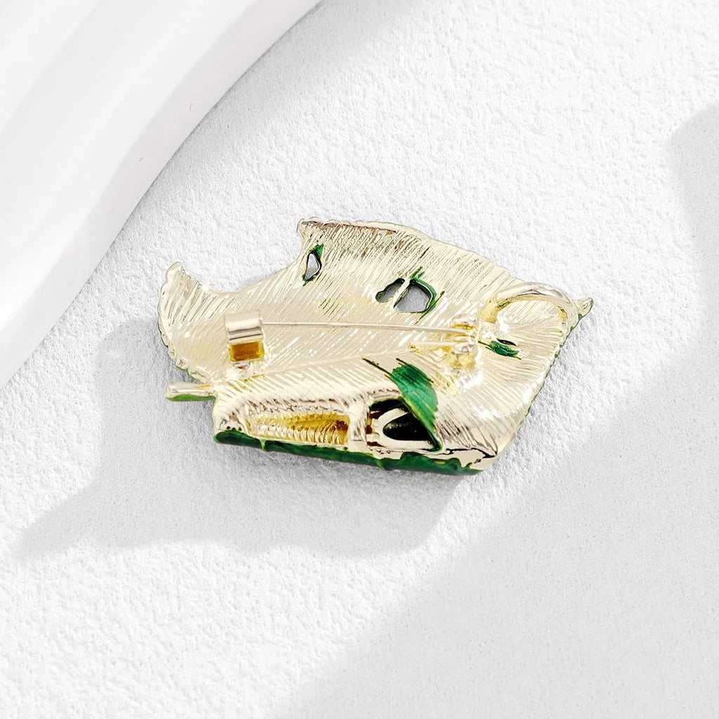 Elegant Green Enamel Leaf Brooch With Rhinestone Insect, Alloy Lapel Pin Corsage Suit Accessory Gift