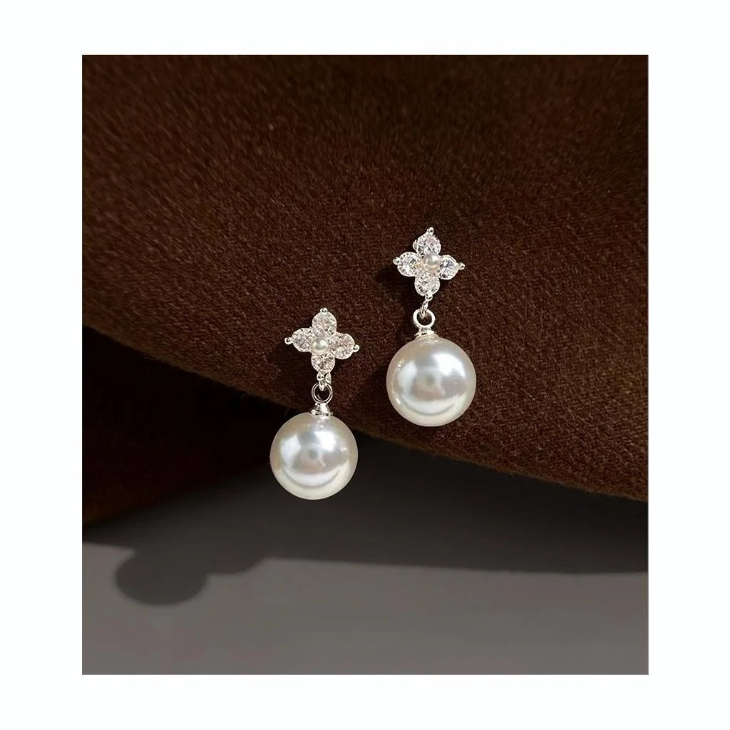 Light Luxury Eco-Friendly Copper Micro Pave Zircon Pearl Geometric Drop Earrings