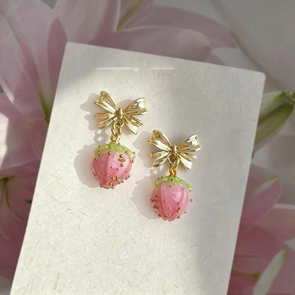 Sweet Pink Strawberry Bow Resin Copper Drop Earrings Handmade Vacation Style Jewelry