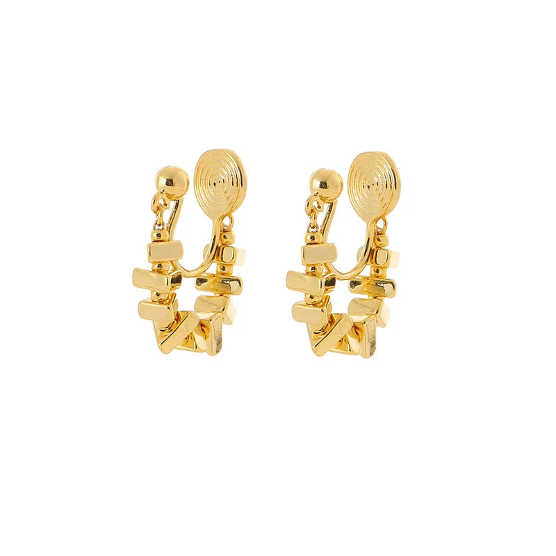 Luxury Alloy Triangle Hoop Beaded Stud & Clip On No Piercing Handmade Metal Dangle Earrings
