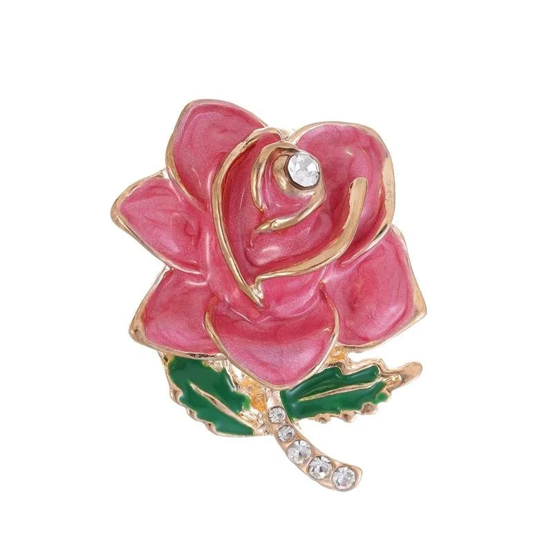 Elegant Pink Enamel Rose Flower Alloy Rhinestone Brooch, Luxury Floral Lapel Pin Corsage Gift