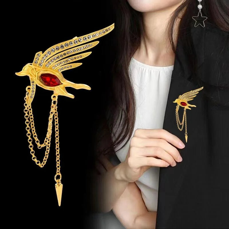Luxury Gold Alloy Phoenix Wing Brooch With Red Rhinestone And Chain Tassel, Elegant Lapel Pin Gift