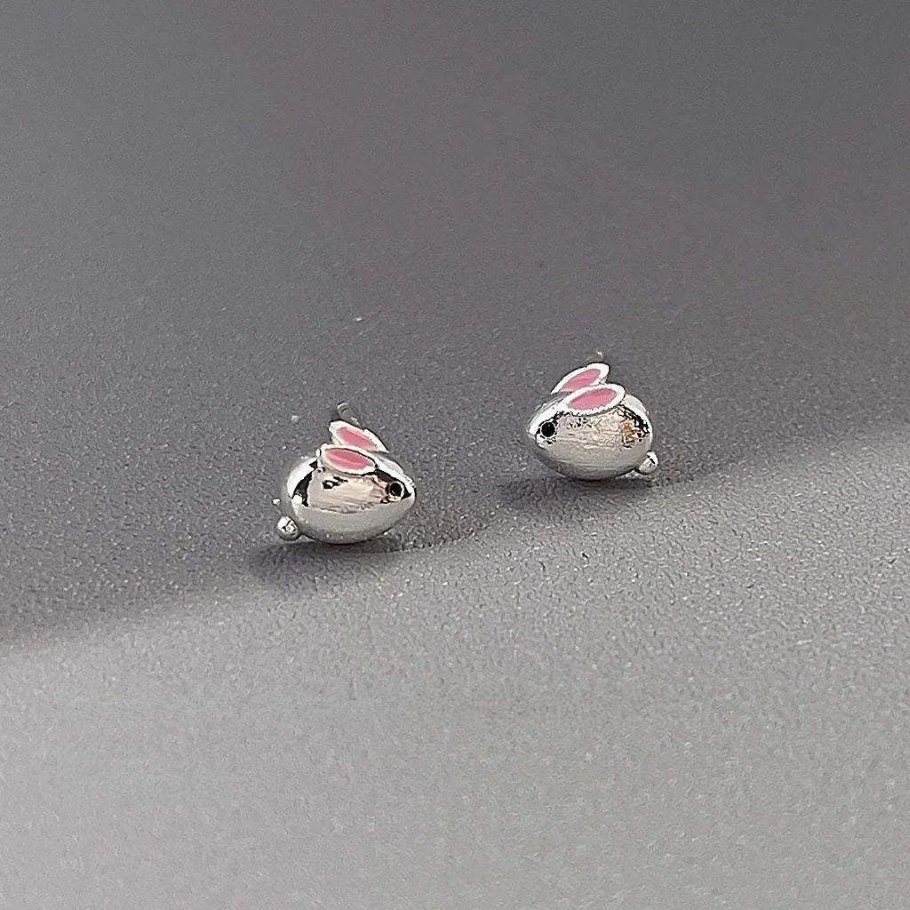 Sweet Cool Moon Rabbit Stud Earrings Copper Mini 3D Animal Jewelry