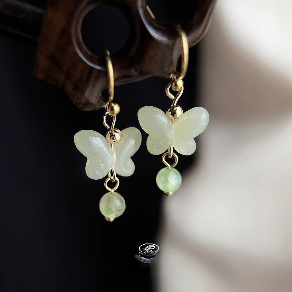 Handmade New Chinese Butterfly Drop Earrings Resin Natural Stone Artistic Designer Jewelry