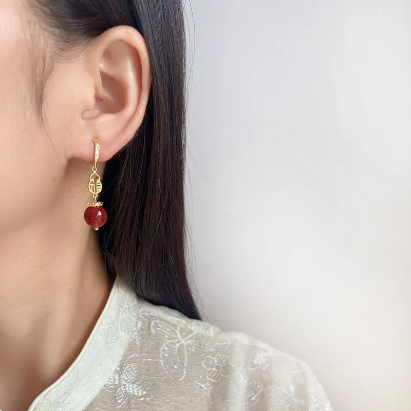 Elegant Chinese Fortune Red Agate Alloy Rhinestone Dangle Stud & Clip On No Piercing Earrings