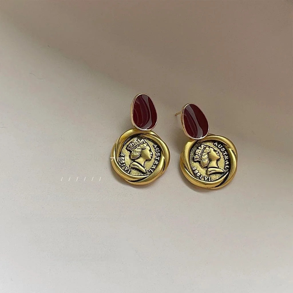French Vintage Palace Style 14K Plated Antique Gold Coin Copper Stud Earrings