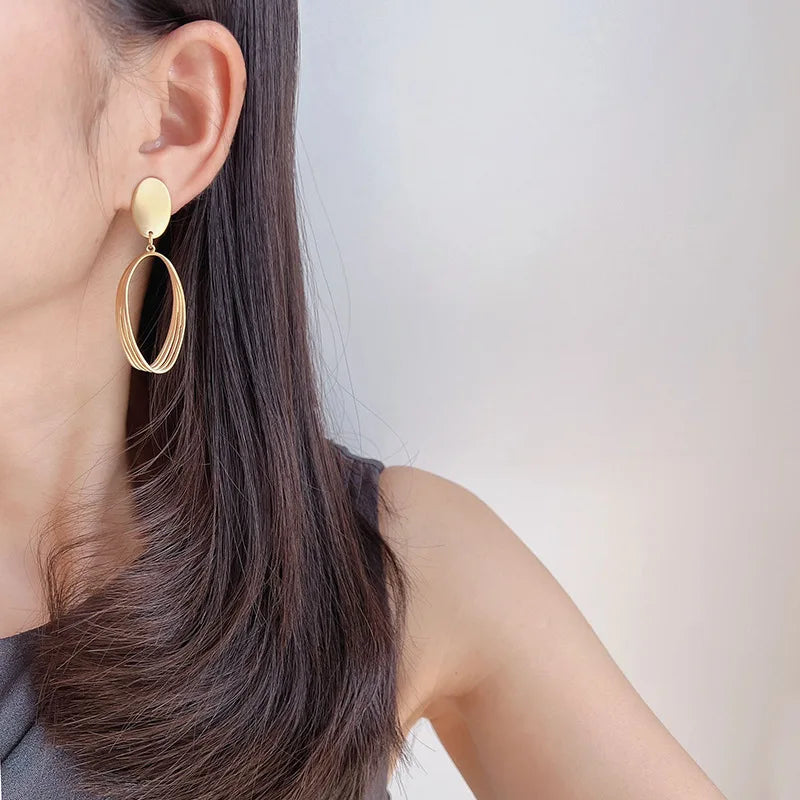 Elegant Matte Gold Alloy Oval Spiral Hoop Drop Stud & Clip On No Piercing Statement Earrings