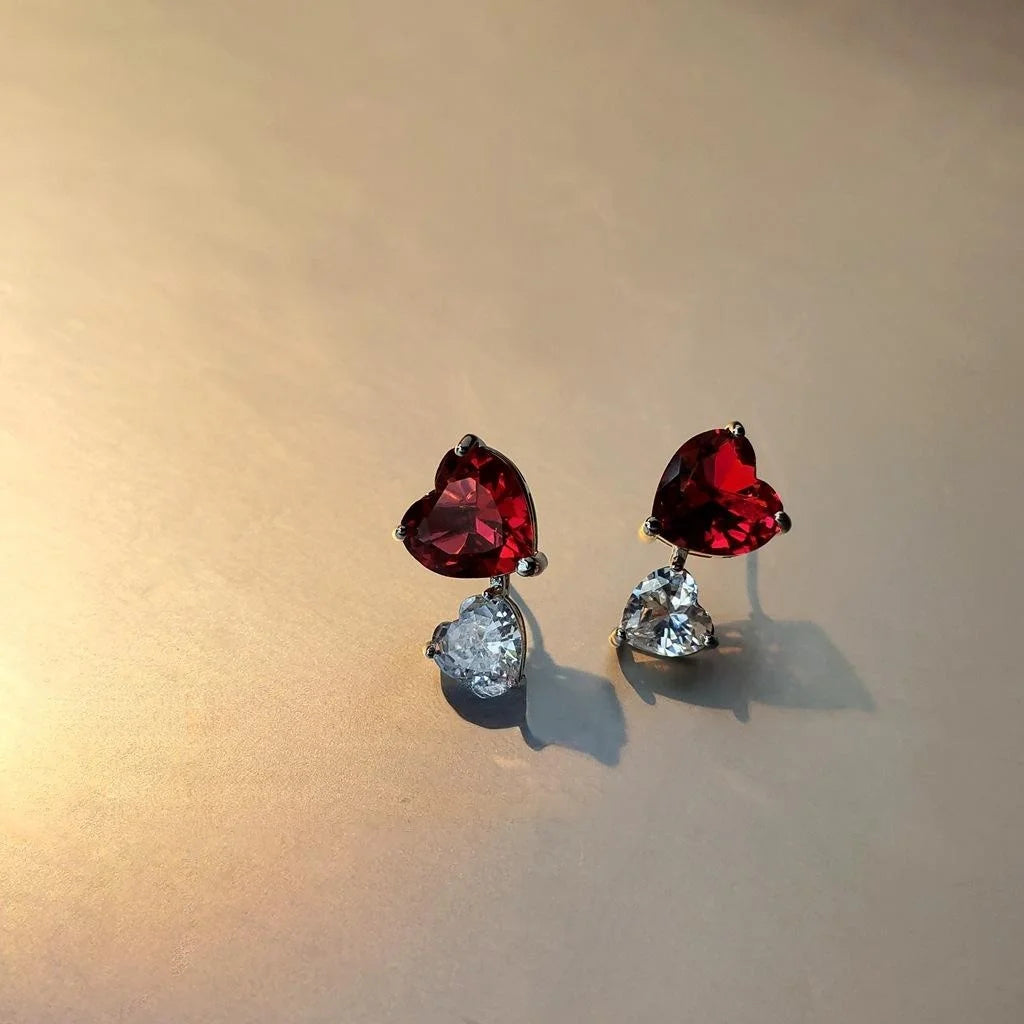 French Elegant Double Heart Zircon Stud Earrings Two Tone Sparkling Heart Jewelry
