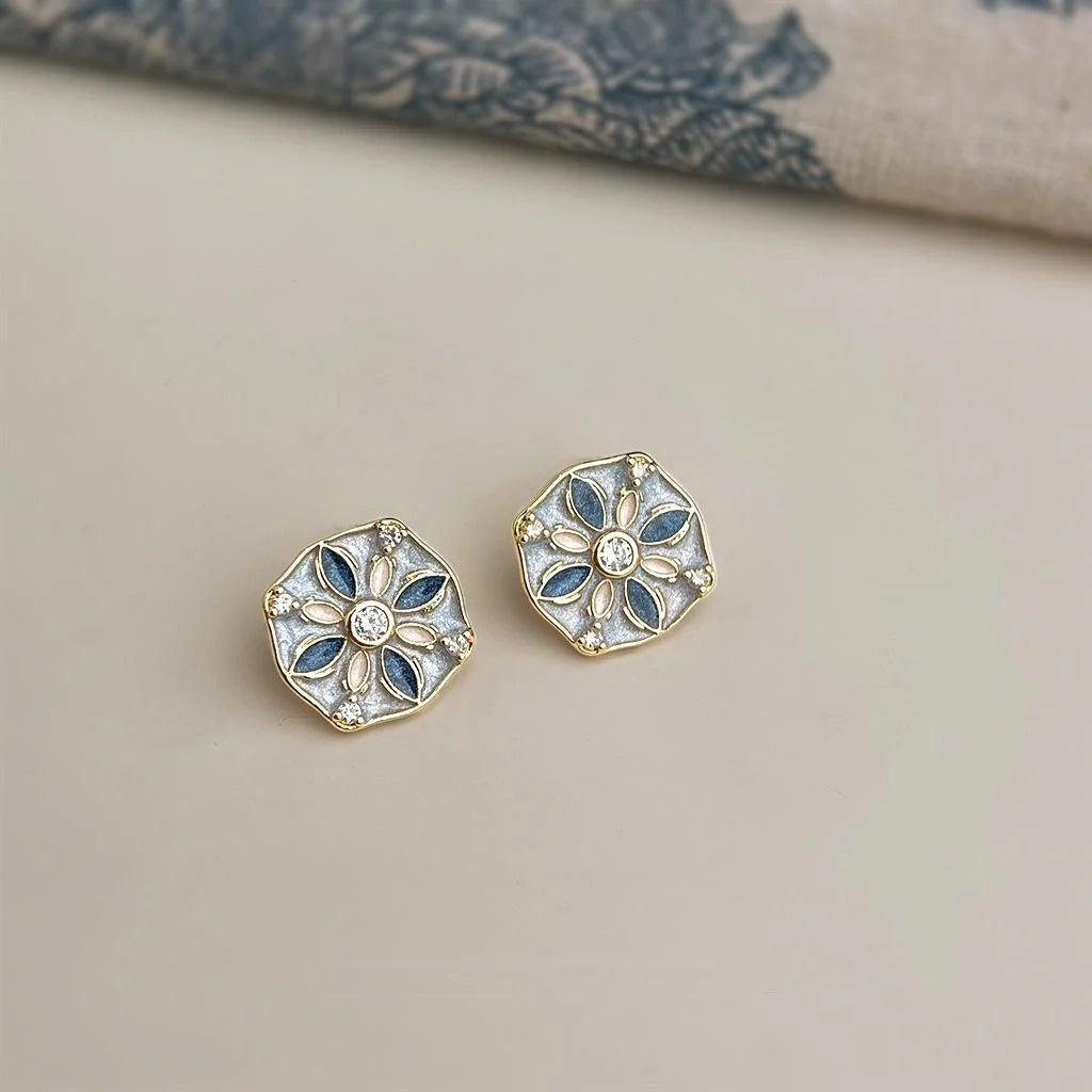 Vintage Chinese Style Enamel Geometric Stud Earrings Copper For Women