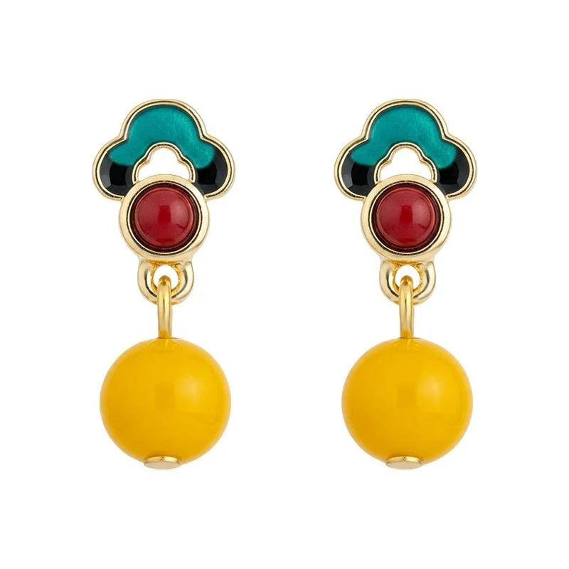 Vintage Palace Style Hand Painted Enamel Synthetic Amber Resin Cloud Drop Earrings