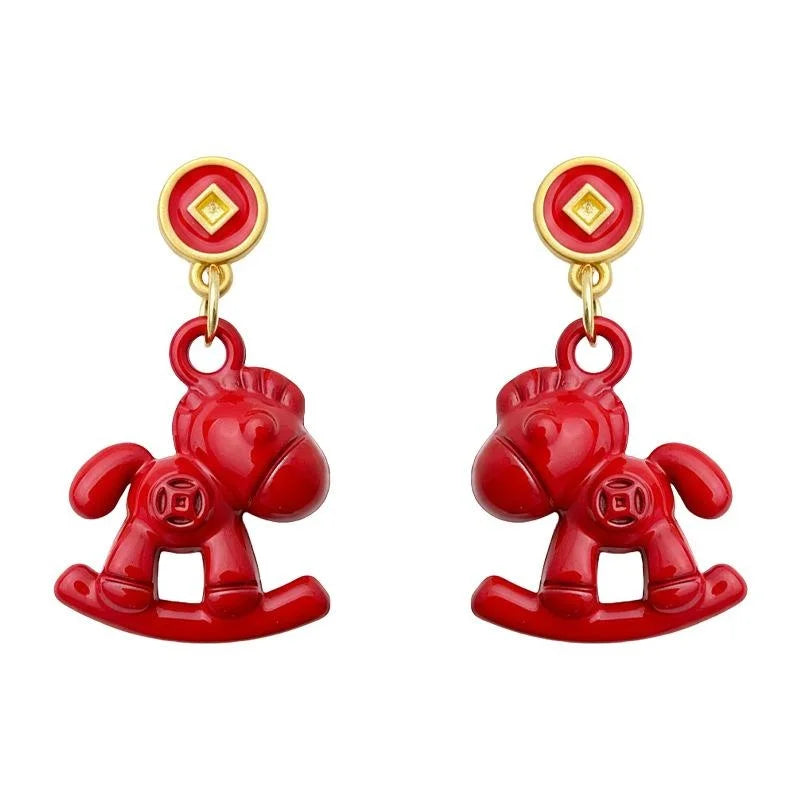 Chinese Style Horse Zodiac Enamel Copper Drop Earrings For Women