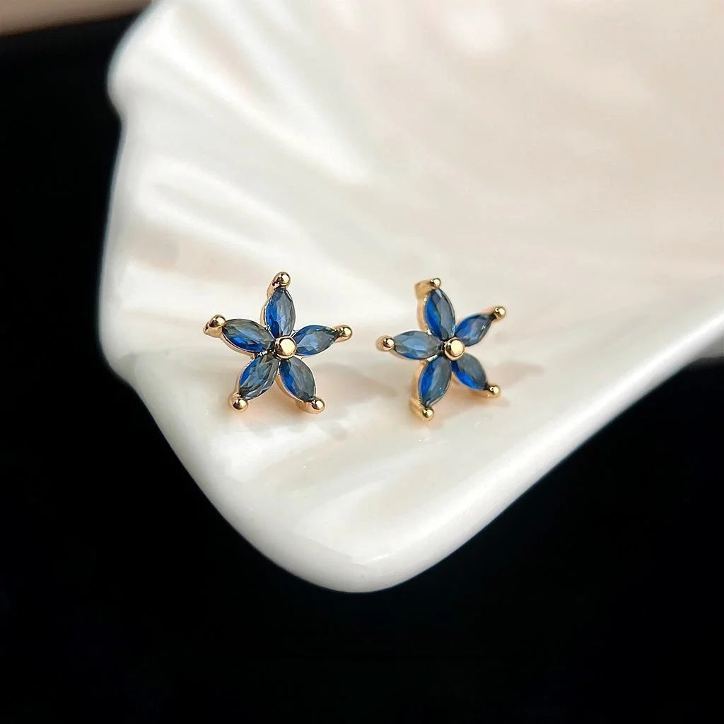 Blue Micro Pave Zircon Flower Stud Earrings For Women, Simple Summer Petal Jewelry
